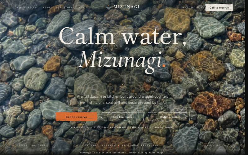 Mizunagi Japanese Kitchen site, home screen