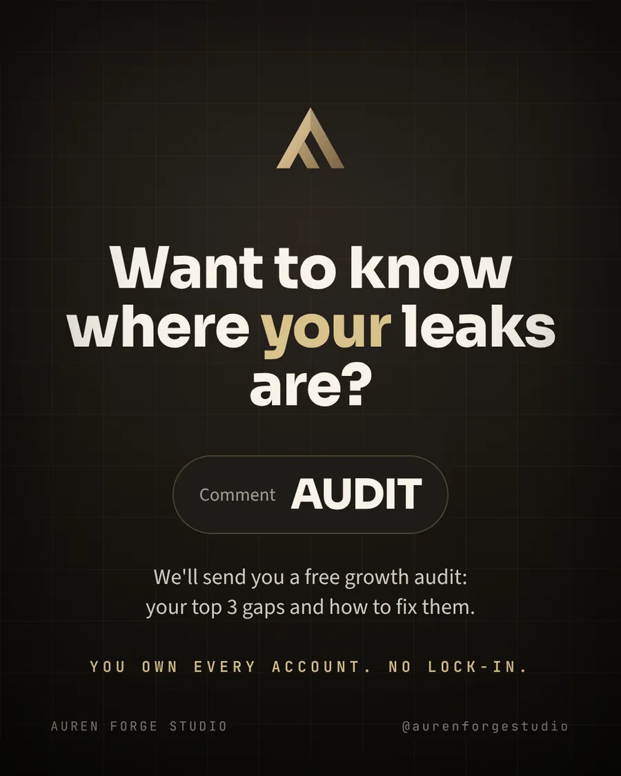 Slide 8: Want to know where your leaks are? Get a free growth audit with your top 3 gaps and how to fix them. You own every account, no lock-in.