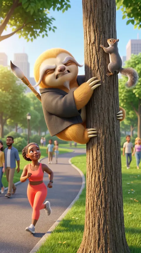 Auren the sloth hugging a tree in a sunny park while a runner jogs past