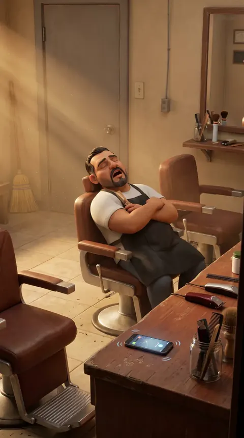 A barber asleep in his empty chair while his phone rings on the counter