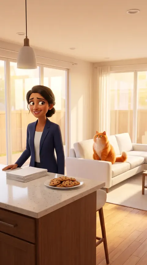 A real estate agent alone at an open house, with only a cat on the sofa
