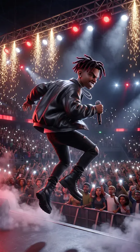 The same artist performing on an arena stage