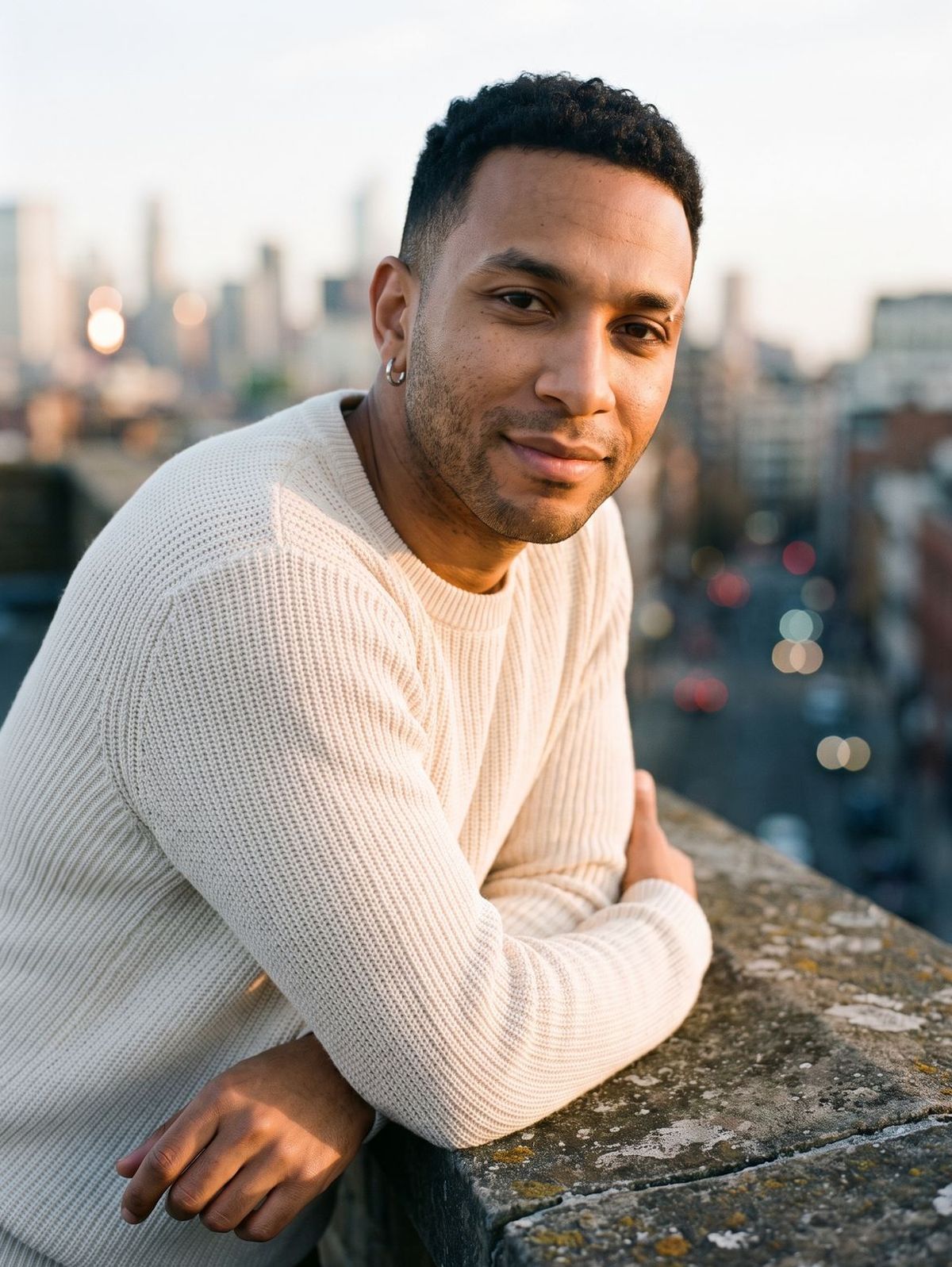 Dior on a rooftop at golden hour, leaning on a concrete ledge with a half smile